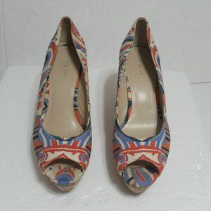 Nine West Women's Cheerful 70 Cork Wedge Peep Toe  7.5M Canvas Stripe Swirl